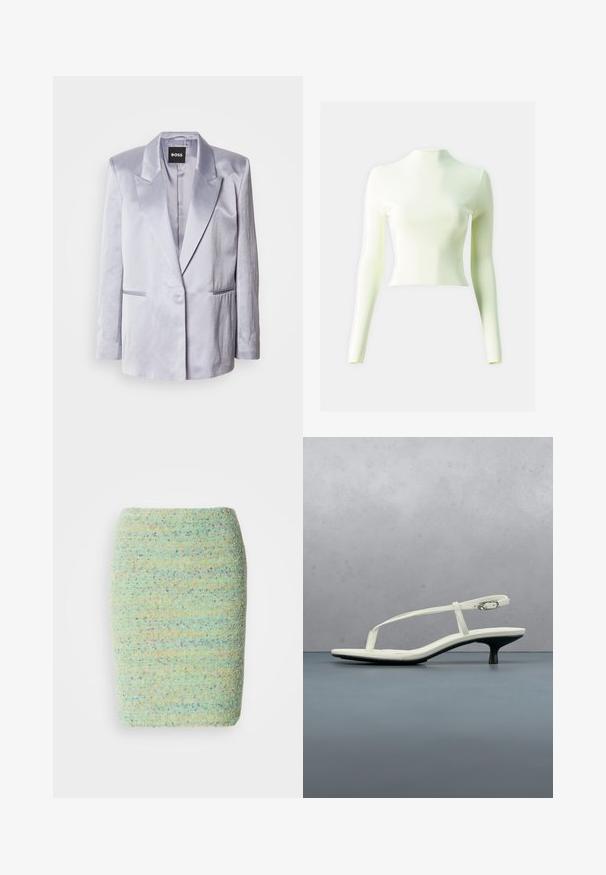 Lys grå satinjakke med spidse revers, enkeltstående knap og to sidelommer; glat tekstur med strukturerede skuldre.; Langærmet, rillede turtleneck top i en lys pastelgrøn farve, med en tætsiddende silhuet og kortet kant.; Knelang nederdel lavet af struktureret, pletret stof i pastelfarvet grøn med nuancer af blå, orange og lilla.; Hvid sandal med stropper og kitten-hæl med spids tå, svævende over et trægulv udendørs med en sløret plante og væg i baggrunden.