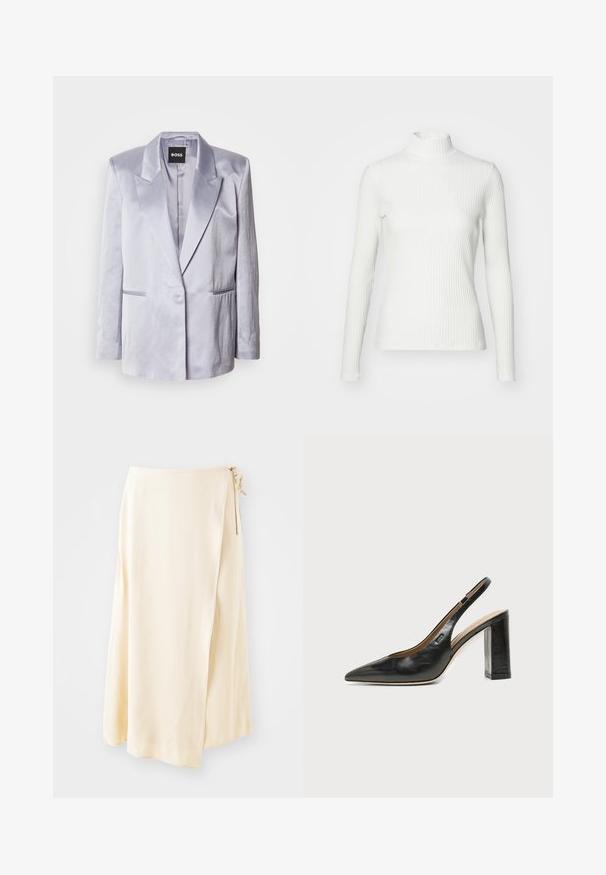 Lys grå satinjakke med spidse revers, enkeltstående knap og to sidelommer; glat tekstur med strukturerede skuldre.; Hvid ribbet turtleneck blouse med lange ærmer, lavet af elastisk stof. Har et tætsiddende design og høj hals for god dækning.; Cremefarvet, let vævet omslagsnederdel fremstillet af blødt stof, med en bindelukning på siden og en svævende A-form.; Sort læder peep-toe slingback sko med blokhæl og et lille logo på siden, sat mod en enkel hvid baggrund.