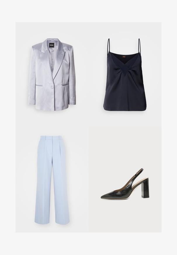 Lys grå satinjakke med spidse revers, enkeltstående knap og to sidelommer; glat tekstur med strukturerede skuldre.; Marineblå silke top med tynde stropper, V-udskæring og samlede detaljer ved brystet; glat tekstur og løs pasform.; Lysblå vidde bukser med høj talje, der har plisseringer foran, lavet af et glat, vævet stof. Ingen synlig hardware.; Sort læder peep-toe slingback sko med høj blokhæl og beige indvendig foring mod en ensfarvet lys baggrund.