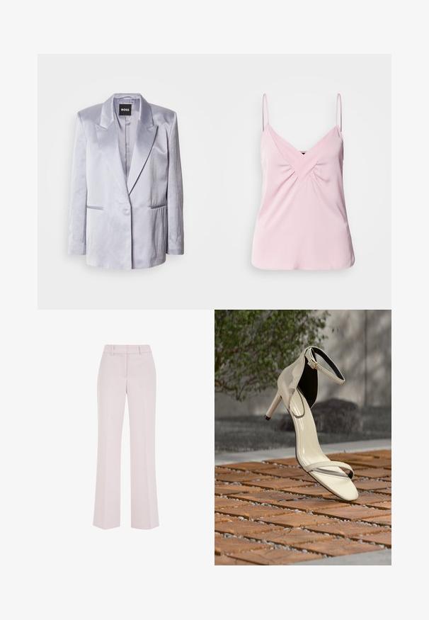 Blazer en satin gris clair avec un col à revers, bouton unique à l'avant et deux poches latérales ; texture lisse avec épaules structurées.; Haut sans manches rose clair avec un col en V et un détail froncé à l'avant. Fabriqué en tissu lisse avec des bretelles fines et un ourlet arrondi.; Pantalon rose pâle à jambes droites avec passants de ceinture et détails de couture avant, présenté sur un fond blanc.; Sandale beige à talons hauts avec bride à la cheville posée sur des lattes en bois en extérieur, avec un arrière-plan flou de verdure et de béton.