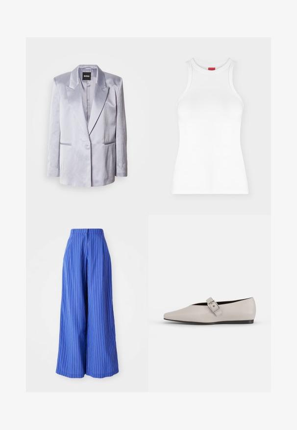 Blazer en satin gris clair avec un col à revers, bouton unique à l'avant et deux poches latérales ; texture lisse avec épaules structurées.; Débardeur côtelé blanc sans manches avec col montant et coupe ajustée, présenté sur un fond clair uni.; Pantalons à jambes larges en tissu bleu vif avec des rayures blanches verticales, présentant une taille haute et une texture lisse.; Chaussure plate en cuir beige avec un bout pointu, un accent de boucle sur le côté et une semelle noire basse. Texture lisse et design minimaliste.