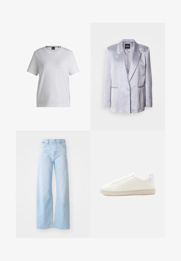 Blazer de satén gris claro con solapa de muesca, cierre de botón único en el frente y dos bolsillos laterales; textura suave con hombros estructurados.; Camiseta de algodón blanca con cuello redondo, mangas cortas y un corte relajado. Presenta una pequeña etiqueta de la marca cerca del cuello.; Jeans de pierna ancha azul claro fabricados en denim, con cintura alta, bolsillos frontales, cierre de botón y detalles de dobladillo cosido.; Zapatilla blanca de corte bajo con cordones en la parte frontal, suela beige clara, diseño sutil con costuras en el lateral y lengüeta metalizada plateada en el talón.