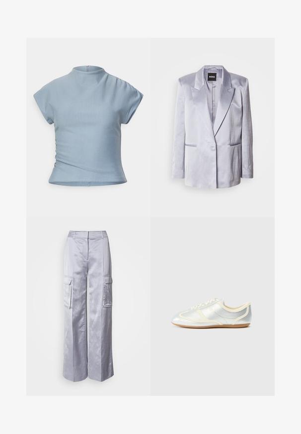 Blazer de satén gris claro con solapa de muesca, cierre de botón único en el frente y dos bolsillos laterales; textura suave con hombros estructurados.; Top corto de manga corta en azul claro con un alto cuello, diseño ajustado, detalles fruncidos en los hombros y una cremallera oculta en la parte posterior.; Pantalones cargo de pierna ancha color gris claro, hechos de una tela suave, con bolsillos laterales, una cinturilla ajustada y sin cierres ni cremalleras visibles.; Zapatillas sintéticas plateadas con detalles en crema, perfil bajo, puntera redonda y suela de goma plana; cuentan con costuras clásicas y cierre de cordones.