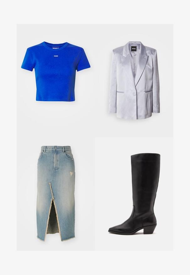 Lys grå satinjakke med spidse revers, enkeltstående knap og to sidelommer; glat tekstur med strukturerede skuldre.; Blå cropped t-shirt lavet af ribbet bomuld. Har en rund halsudskæring og et lille hvidt logo-label på brystet. Korte ærmer.; Denim nederdel, lyseblå, midtlængde med frayed kant. Har en frontslids og slidte detaljer nær taljen og kanten.; Sort læderstøvle til midtkalv med spids tå og lavt skråt hæl på en enkel lys baggrund.