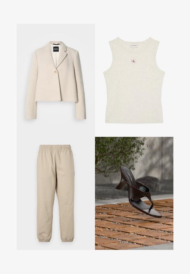 Afkortet beige jakke med tekstureret finish, hakkede revers, enkelt knaplukning og et sort mærke med brandnavn indeni.; Ærmeløs, lysebeige ribstrikket tanktop med Calvin Klein Jeans-mærke inde i kraven og lille CK-logo på en lap centreret under halsudskæringen.; Beige sweats med elastisk talje og manchetter. Blødt bomuldsmateriale, lige ben-design, med et lille broderet logo på siden.; Brun Calvin Klein hælet thong sandal svævende over træflise og grus udendørs med sløret grønt og stenmur i baggrunden.