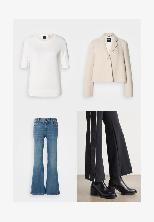 Chaqueta beige recortada con un acabado texturizado, solapas con muesca, cierre de un solo botón y una etiqueta de marca negra en el interior.; Top de punto blanco de manga corta con escote redondo, dobladillo acanalado y textura suave. Etiqueta con logo en la parte del cuello en color naranja.; Vaqueros de mezclilla de color azul claro, acampanados, que cuentan con cinco bolsillos, costuras visibles y un cierre de botón y cremallera en la cintura.; Botines de cuero negro con tacón cuadrado, con paneles laterales elásticos. Combinados con pantalones negros que tienen una franja blanca lateral.