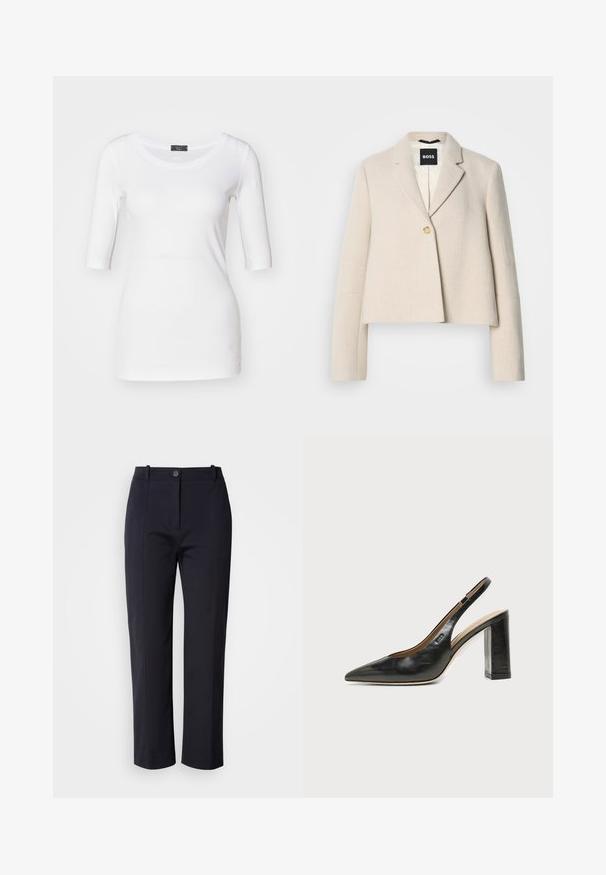 Veste beige coupée, finition texturée, revers crantés, fermeture à un bouton et étiquette de marque noire à l'intérieur.; T-shirt ajusté blanc avec des manches trois quarts, texture douce, encolure ronde et un détail d'accent sur le côté près de l'ourlet.; Pantalons bleu marine à jambe droite, confectionnés dans un tissu lisse. Comprend des poches avant et une fermeture à bouton à la taille.; Chaussure slingback en cuir noir à bout pointu avec un talon bloc haut et une doublure intérieure beige sur un fond clair uni.