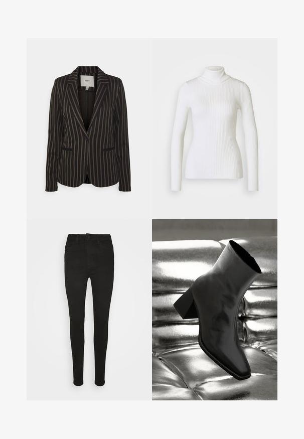 Blazer noir avec des rayures verticales beiges. Présente un col cranté, une fermeture à un bouton et deux poches avant. Texture de tissu douce.; Pull en maille côtelée blanche avec col roulé et manches longues, présentant un design ajusté et une texture douce. Col plat et look sans couture.; Jean skinny en denim noir avec une coupe slim, dotée d'une fermeture à bouton, de poches avant et d'une texture lisse. Sans motifs ni ornements visibles.; Botte noire à la cheville en matériau brillant avec un bout carré et un talon effilé, sur un fond argenté brillant et capitonné.
