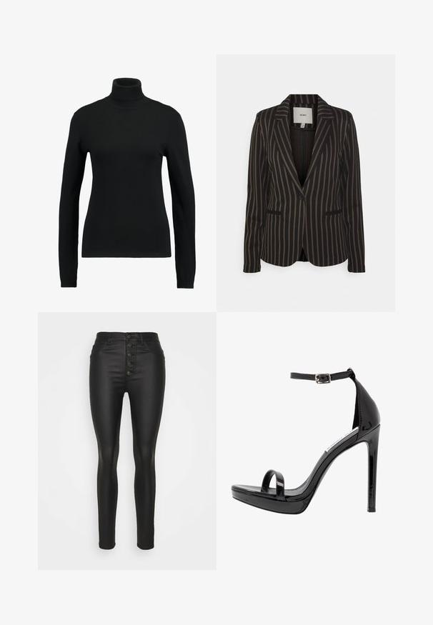 Blazer noir avec des rayures verticales beiges. Présente un col cranté, une fermeture à un bouton et deux poches avant. Texture de tissu douce.; Pull à col roulant noir en tissu tricoté lisse. Dispose de manches longues et d'une coupe ajustée, avec des accents côtelés au niveau du col et de l'ourlet.; JDY JDYNEWTHUNDER FLY BUTTON - Pantalon classique - black; Steve Madden MILANO - Sandales à talons hauts - black