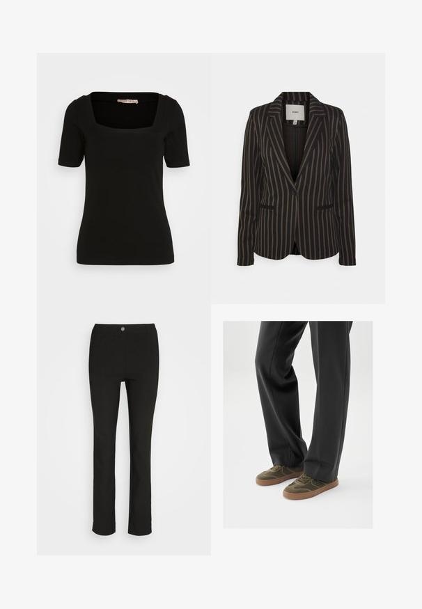 Sort blazer med vertikale tan striber. Har en notched lapel, enkel knaplukning og to forlommer. Blød stof tekstur.; Sort kortærmet top med firkantet halsudskæring. Lavet af blødt, strækbart stof. Har pæne syninger og en tætsiddende silhuet.; Sorte bukser med lige ben, lavet af et glat stof. Har en frontknap, bæltestropper og to sidelommer.; Grønne ruskindssneakers med brune gummisåler, der har snørelukning og buede syningsdetaljer, kombineret med sorte skræddersyede bukser.