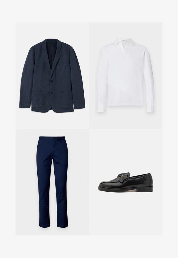 Blazer léger bleu marine en coton. Comprend deux poches avant, une poche poitrine et une fermeture à deux boutons. Texture lisse.; Polo-shirt blanc à manches longues avec un col pointu et une patte de boutonnage partielle. Tissu en coton doux avec une texture unie. Pas d'accents visibles.; Pantalons en coton bleu marine avec une coupe droite, dotés d'une fermeture à bouton à l'avant, de passants de ceinture et de coutures propres. Texture lisse sans motifs.; Mocassins en cuir noir avec un bout arrondi et une boucle décorative. Talon plat, solide et texture lisse sur l'ensemble.