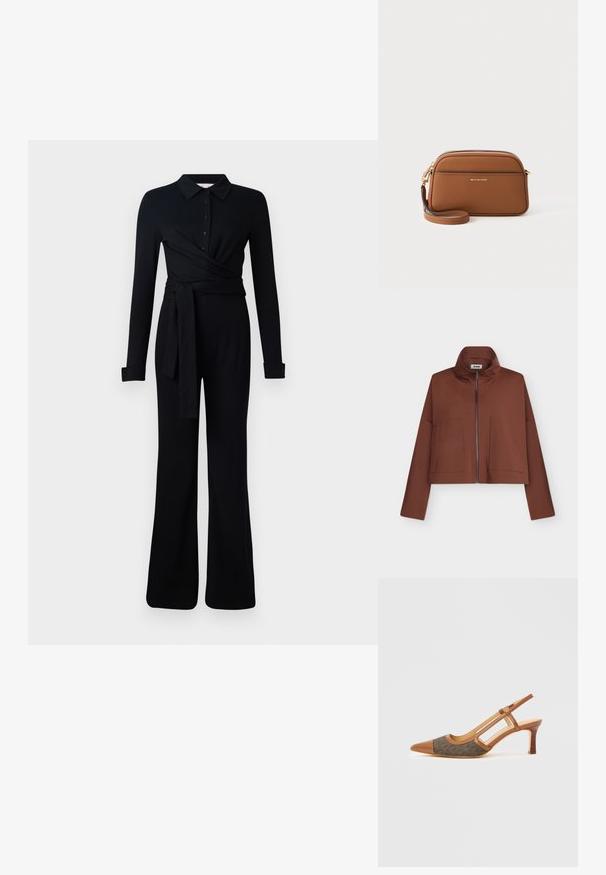 Brun cropped jakke med høj krave, frontlynlås og to store forlommer på ærmer mod hvid baggrund.; Sort langærmet jumpsuit med krave, knaplukning, indviklet design og en bælte i taljen. Fremstillet af blødt, strækbart stof.; Brun læder slingback-sko med spids tå, der har en mørk mønstret stofpanel og en stablet hæl. Åbne sider og glat tekstur.; Brun læder crossbody taske med guldfarvet hardware, lynlås lukning og justerbar rem. Har et minimalistisk design og prægede logo.