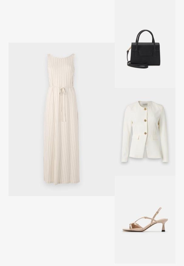 Hvid skræddersyet blazer med lange ærmer, rund halsudskæring, tre dekorative guldknapper formet som roser og to klaplommer i taljen.; Lang beige kjole med lodrette sorte striber, ærmeløs design, rund hals og et bælte i taljen. Letvægtsstof.; Call it Spring DIANAH - Sandaler - other beige; Sort struktureret håndtaske lavet af læder med et topgreb, aftagelig skulderrem og detalje med frontklap. Guldhardware accenter.
