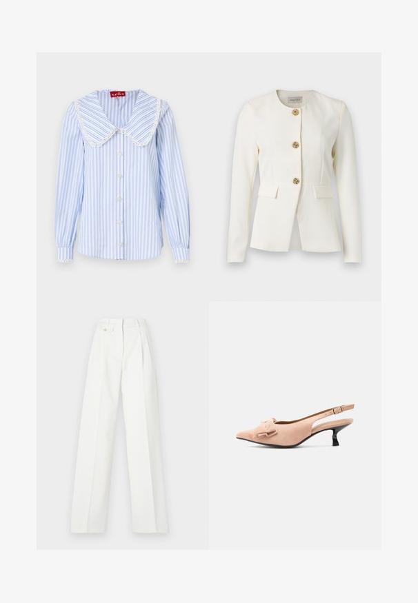 Weißer, maßgeschneiderter Blazer mit langen Ärmeln, Rundhalsausschnitt, drei dekorativen goldenen knopfähnlichen Rosen in Rosenform und zwei Pattentaschen auf Taillenhöhe.; Hellblau gestreiftes Hemd mit großem weißen Spitzenkragen, dekorativen Knöpfen und elastischen Manschetten. Hergestellt aus einem Stoff mit glatter Textur.; Weiße weit geschnittene Hosen mit Falten, Gürtelschlaufen und Knopfverschluss. Glatte Textur, strukturierte Gestaltung, geeignet für verschiedene Anlässe.; Beiges Slingback-Kätzchenschuh mit spitzer Spitze, dekorativer Schleife vorne und verstellbarem goldfarbenem Schnallenriemen.