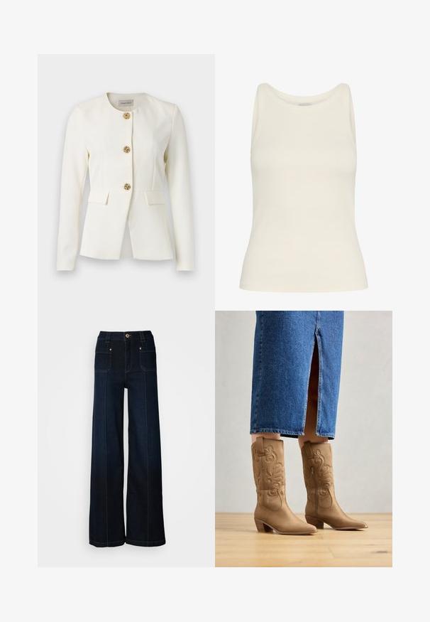 Hvid skræddersyet blazer med lange ærmer, rund halsudskæring, tre dekorative guldknapper formet som roser og to klaplommer i taljen.; Kremfarvet top i ribstrikket stof, med rund halsudskæring og ærmeløs design, tætsiddende silhouet og glat tekstur.; Bredde ben denimjeans i mørkeblå. Har forlommer, guldfarvet hardware og kontrasterende syninger. Glat tekstur med et afslappet design.; Tan western-stil støvler med dekorativ syning, spids tå og stakket hæl. Båret med en denimnederdel i knæ længde, der afslører støvlerne.
