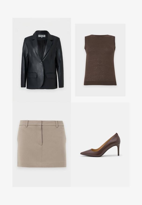Sort læderblazer med enkelt knap, notch-krave, lange ærmer og to forlommer med klap, vist på en ensfarvet hvid baggrund.; Ærmeløs brun strikket sweatervest med ribkant ved halsudskæring, armhuler og kant.; Beige nederdel lavet af glat stof med skræddersyet talje, enkelt frontlomme og lige snit, der har rene linjer og ingen dekorationer.; Brune læder spidse pumps med en slank silhuet, en høj stiletto hæl og en glat finish. Indvendigt har den en kontrasterende tan-foring.