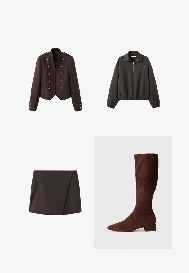 Veste style militaire marron foncé avec double rangée de boutons argentés, épaulettes, deux poches avant à rabat et manches longues.; Sweat-shirt à col montant gris foncé, avec une courte fermeture éclair à l'avant et un ourlet élastiqué. Tissu doux avec une coupe décontractée et ample.; Mini-jupe asymétrique marron foncé avec un léger chevauchement à l'avant, fabriquée à partir d'un tissu lisse.; Bottes hautes en suède marron, avec un bout pointu et un petit talon carré. Les détails de couture sur le côté ajoutent une texture subtile.