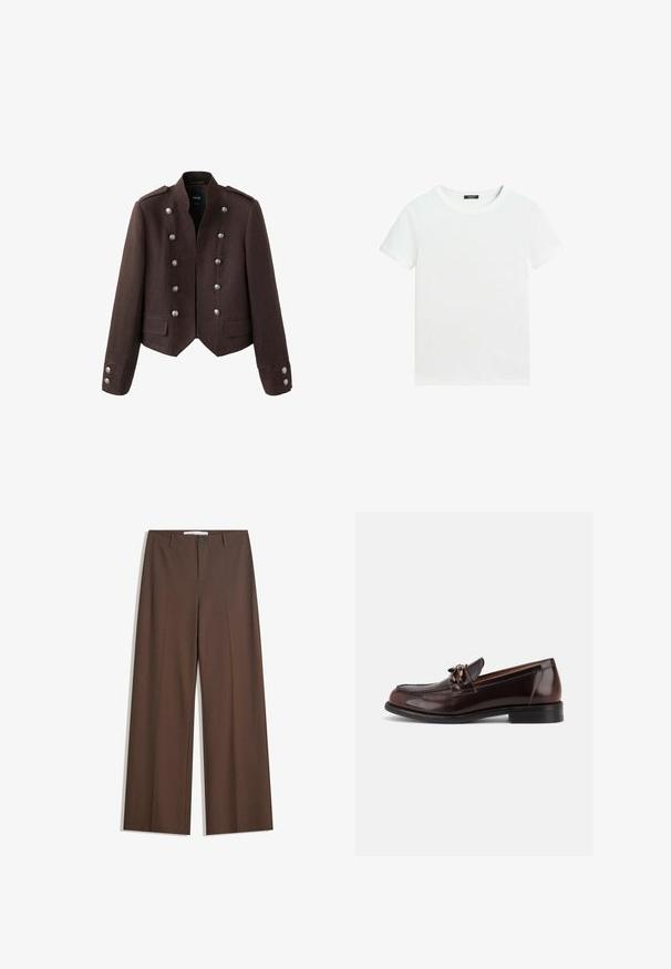 Veste style militaire marron foncé avec double rangée de boutons argentés, épaulettes, deux poches avant à rabat et manches longues.; T-shirt blanc uni à manches courtes avec un col rond et une petite étiquette noire à l’intérieur du col.; Pantalons larges marron avec une texture lisse, des plis à l'avant, une fermeture à bouton et deux poches latérales. Conçus pour le confort et la polyvalence.; Mocassin homme en cuir marron foncé avec petit talon et mors décoratif en métal sur la empeigne, présenté en profil latéral sur fond blanc.