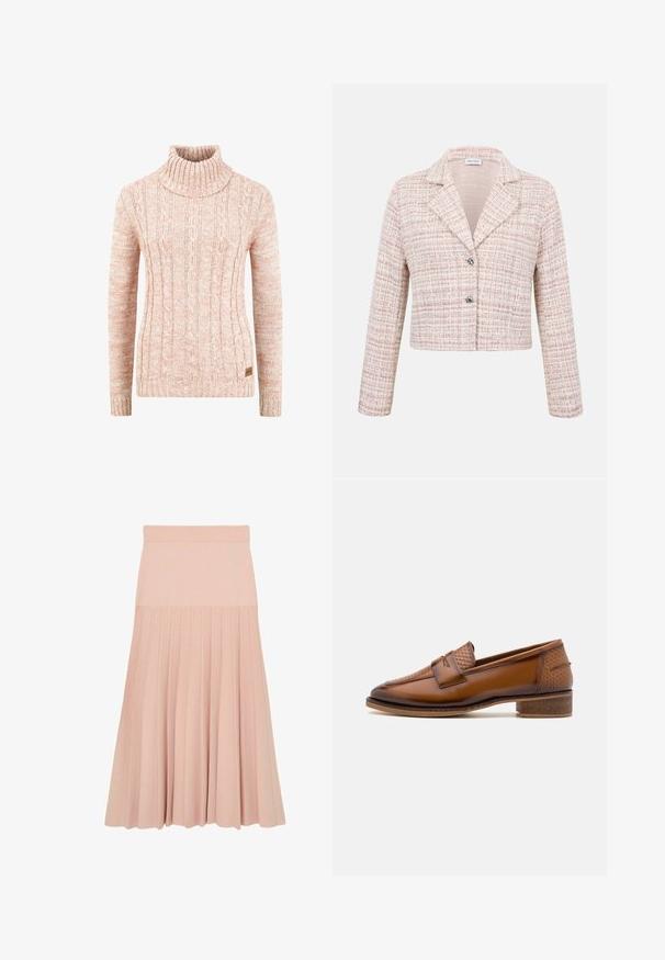 Blazer court pour femme en tweed à carreaux rose pâle, col cranté, manches longues et deux boutons argentés à l'avant.; Pull en col roulé tricoté en doux pêche avec un motif en relief de câble, des manches longues et une étiquette de marque tissée sur l'ourlet.; Jupe midi rose clair avec une ceinture ajustée et un design plissé s'étendant de la moitié de la hanche jusqu'à l'ourlet.; Mocassins en cuir marron avec un panneau avant tissé texturé, bout rond et petit talon empilé. Finition lisse avec des détails de couture subtils.
