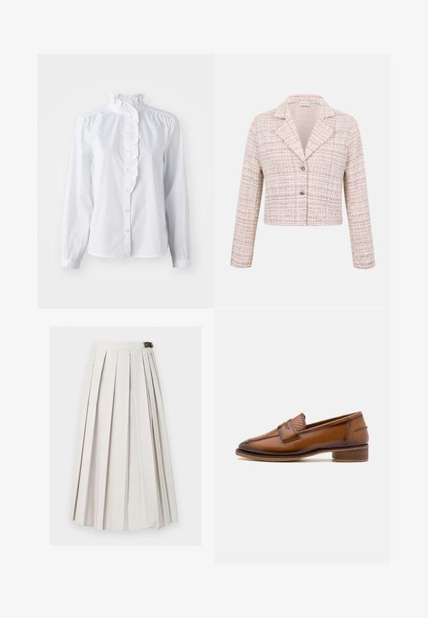 Kvindelig cropped blazer med lys pink ternet tweedmønster, hakket krave, lange ærmer og to sølvknapper foran.; Hvid skjorte med lange ærmer, flæset høj krave og lodret flæseaccent foran. Letvægts bomuldsstof.; Lang hvid plisseret nederdel med sidelukning med spænde, vist fladt mod en hvid baggrund.; Brune læder loafers med en struktureret vævet frontpanel, rund tå og lav stablet hæl. Glat finish med diskret stikningsdetalje.
