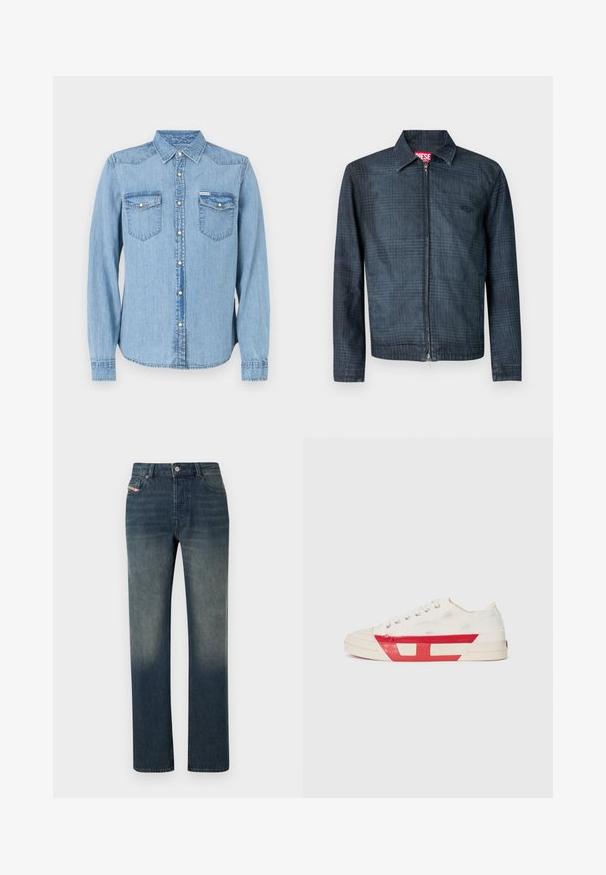 Mørkeblå denimjakke med struktureret design, fuld lynlås foran og krave. Har et diskret ternet mønster og logo.; Lyseblå denimskjorte med lange ærmer, spidse krave og trykknaplukning. Har to brystlommer med klapper. Lige snit.; Blå denimjeans med lige ben, falmet vask, forreste knap- og lynlås lukning samt fem-lomme design.; Lærreds sneakers med en hvid overdel, røde gummidetaljer og et tekstureret design. Har en rund tå og fem huller til snørebånd.