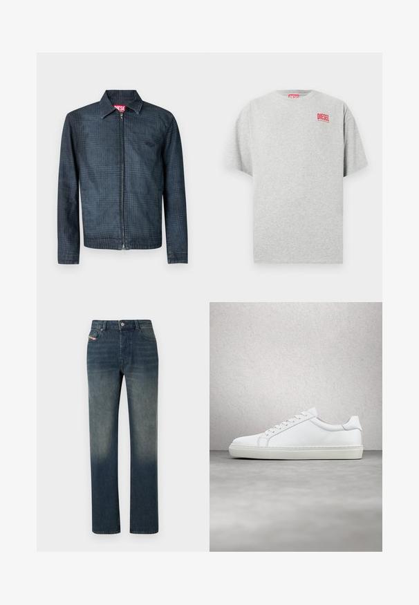 Veste bleu foncé en denim avec un design structuré, fermeture éclair frontale intégrale et col à revers. Présente un motif à carreaux subtil et un logo.; T-shirt en coton gris avec un col rond et des manches courtes. Présente un petit logo rouge « DIESEL » sur la poitrine. Texture lisse.; Jean en denim bleu à jambe droite avec lavage délavé, fermeture avant par bouton et fermeture éclair, et design à cinq poches.; Sneaker blanche avec une tige en cuir lisse et un profil bas. Présente un bout arrondi, six œillets et une semelle en caoutchouc texturé.
