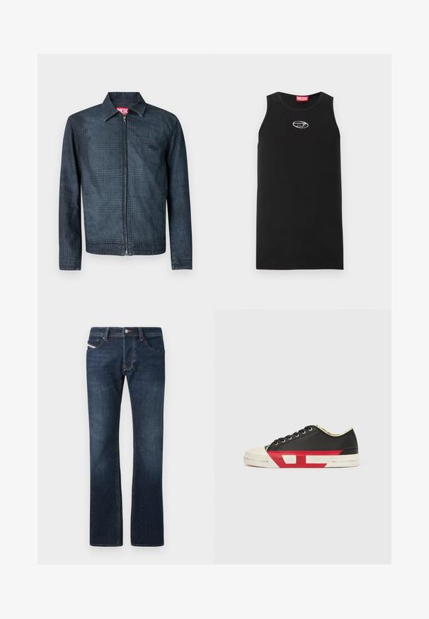 Chaqueta azul oscuro de mezclilla con un diseño estructurado, cremallera frontal completa y cuello con solapa. Presenta un sutil patrón de cuadros y un logo.; Camiseta sin mangas negra hecha de algodón. Presenta un escote redondo y un pequeño logo blanco de Diesel en el pecho. Textura suave.; Jeans de mezclilla azul oscuro con corte recto, cinco bolsillos y detalles de costura sutiles. Cuenta con cierre de botón metálico y cremallera.; Zapatilla deportiva de lona negra con detalles en rojo, puntera de goma y suela blanca. Cuenta con cordones negros y un diseño texturizado en el lateral.