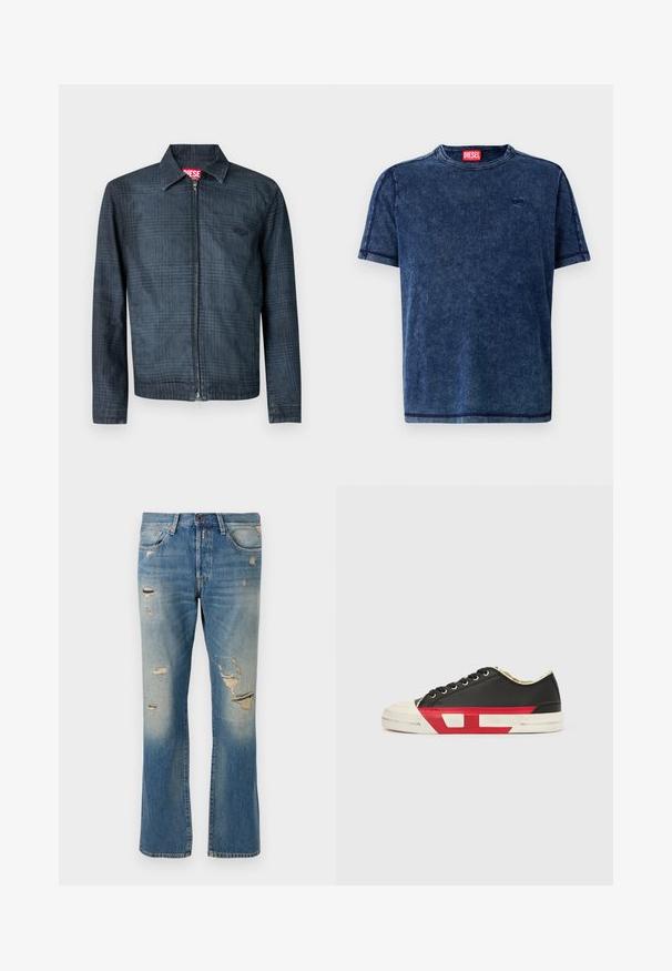 Mørkeblå denimjakke med struktureret design, fuld lynlås foran og krave. Har et diskret ternet mønster og logo.; Marineblå denim t-shirt med korte ærmer, rund hals og diskret logo-detalje. Har kontrasterende sømme langs kanterne.; Lyseblå denimjeans med afslappet pasform, der har slidte detaljer og frynset lapper, med standard fem-lomme-design og knaplukning.; Sort lærredssneaker med røde accenter, gummiklædt tåkap og hvid sål. Har sorte snørebånd og et tekstureret mønster på siden.