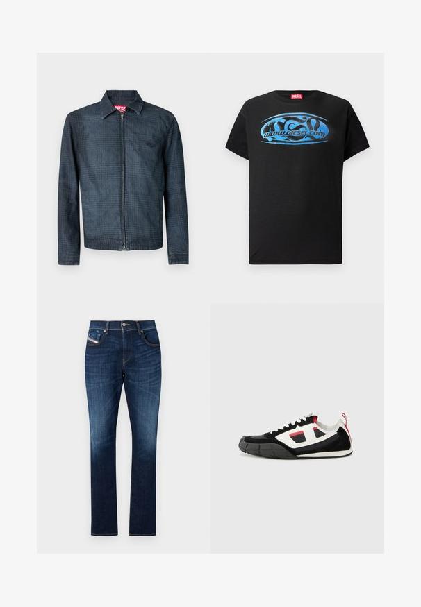 Veste bleu foncé en denim avec un design structuré, fermeture éclair frontale intégrale et col à revers. Présente un motif à carreaux subtil et un logo.; T-shirt noir à manches courtes en coton, avec un design graphique bleu comportant le texte "www.diesel.com" sur le devant.; Jean en denim bleu foncé présentant une coupe droite, un design à cinq poches, un léger délavage et des coutures contrastées le long des coutures.; Diesel S PAGODHA LOW - Baskets basses - black