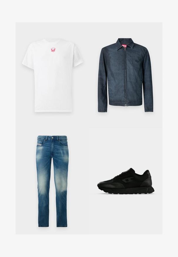 Donkerblauwe spijkerjack met een gestructureerd ontwerp, een ritssluiting aan de voorkant en een kraag. Heeft een subtiel ruitpatroon en een logo.; Witte katoen t-shirt met korte mouwen, ronde hals en een kleine roze geborduurde adelaar grafiek op de borst. Zachte textuur.; Blauwe vervaagde slim-fit jeans met een vijfzakkenontwerp en knoopsluiting, weergegeven tegen een effen witte achtergrond.; Zwarte lage sneaker met gestructureerd leer en stoffen panelen, vetersluiting en dikke rubberen zool op een effen lichte achtergrond.