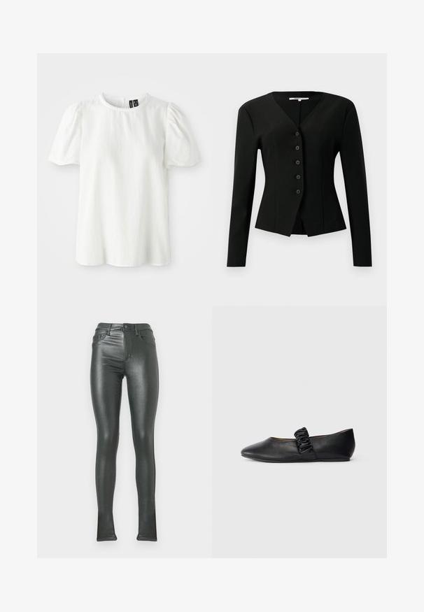 Blazer negro ajustado de manga larga con escote en V, cinco botones en la parte delantera y dobladillo ligeramente acampanado.; Top corto de manga corta blanca con escote redondo y mangas abullonadas fruncidas. Presenta un dobladillo de ondas en el cuello. Tejido suave y texturizado.; Leggings negros brillantes de cintura alta y estilo ajustado. Cuentan con cierre de botón, cinco bolsillos y una textura lisa y reflectante.; Zapato plano negro con una cinta elástica fruncida en la parte superior y una punta redonda sobre un fondo blanco liso.