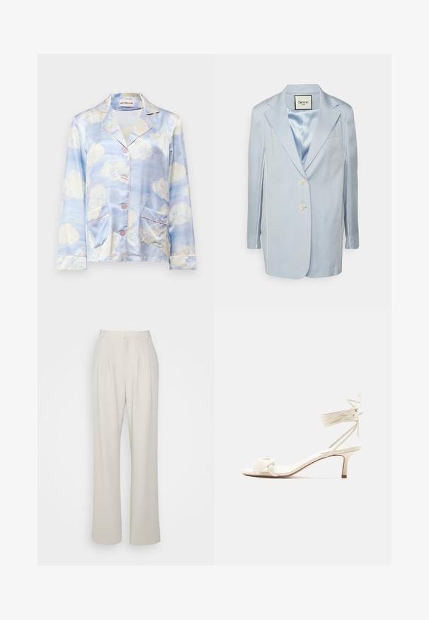 Elleme OVERSIZED TAILORING JACKET - Blejzer - blue; Hedvábná pyžamová košile v světle modré barvě s vzorom oblaků, s klopovým límcem, pěti knoflíky a dvěma předními kapsami s jemně růžovým lemem.; Cinq à Sept ELISABETH PANT - Nohavice - beige; Krémovo sfarbená nízka sandála s viazaním okolo členku a širokým prekrúteným remienkom cez prsty na jednoduchom bielom pozadí.