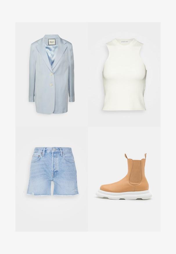 Elleme OVERSIZED TAILORING JACKET - Σακάκι - blue; DESIGNERS REMIX MANDY TANK - Μπλούζα - white; Τζιν σορτσάκια σε ανοιχτό μπλε χρώμα με φθαρμένη τελείωση. Διαθέτουν κλασικό σχέδιο με πέντε τσέπες, κλείσιμο με κουμπί και ελαφριά φθορά στο ύφασμα.; A.W.A.K.E. MODE CASUAL ARIANA BOOT - Μποτάκια πλατφόρμα - beige/white