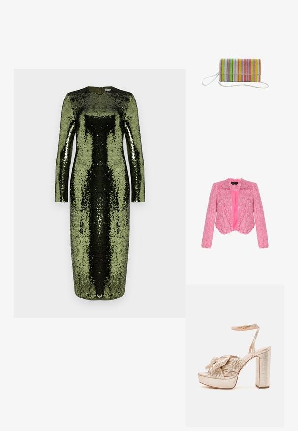 Rajattu vaaleanpunainen tweed-puku jossa on rispaantuneet reunat, hopeiset napit ja sileä vaaleanpunainen vuori, esillä valkoisella taustalla.; Pitkähihainen, lattiaa hipoava mekko, joka on peitetty vihreillä ja mustilla paljeteilla. Mekossa on pyöreä pääntie ja takana vetoketjusuljenta.; Kultaketjulliset sandaalit, joissa on alustasuunnittelu, ja joissa on solmittu rakenne varvasremmissä sekä kapea nilkkaremmi, jossa on solki.; Käsilaukku, jossa on monivärisiä pystysuoria raitoja, helmikoristeita, valkoinen ranneke ja hopeinen ketjuhihna.