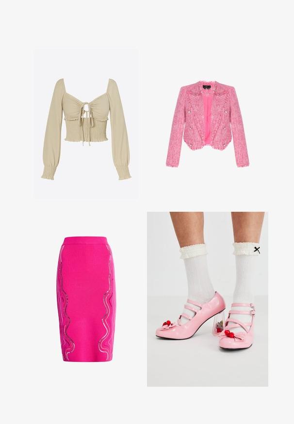 Beskåret lyserød tweedblazer med frynser, sølvknapper og glat lyserødt for, vist på hvid baggrund.; Lysebeige cropped top i glat stof; har lange, puffede ærmer, ét sammentrukket bryst med bindefront og smockdetalje ved taljen.; Tætsiddende knælang nederdel i lyserød stof med bølgede sølvdetaljer langs siderne og en glat, strækbar tekstur.; Lyserøde laklæderhæle med rund tå, tre remme og kirsebærpynt. Klart blokhæl med blomsterdekorationer. Hvide ribbede sokker.