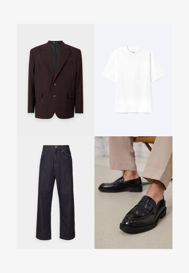 Selected SLHRELAX - Blazer jacket - demitasse; Plain white short-sleeve crew neck T-shirt with a relaxed fit, displayed on a light background.; Dark blue straight-leg denim jeans with yellow stitching, front button, zipper fly, and five-pocket design.; Black leather loafers with a smooth finish, featuring a decorative strap and contrast stitching, paired with beige trousers.