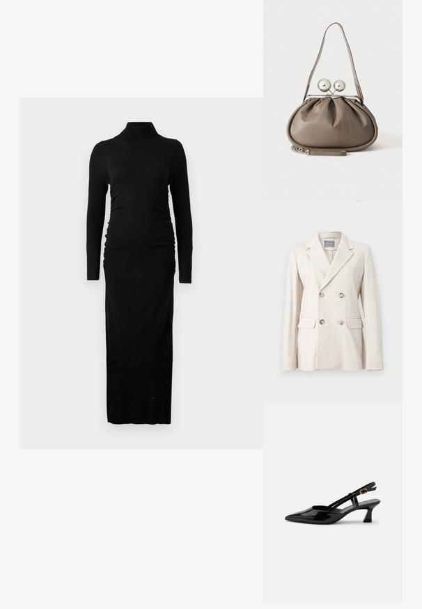 Kremfarvet dobbeltradet blazer med brede revers, fire knapper, klaplommer og tekstureret stof, vist på ensartet baggrund.; Sort langærmet kjole med ribbet turtleneck, rucherede sider og en lige maxi-silhuet. Lavet af blødt, strækbart stof.; Sort laklæderslingback med lille hæl, spids tå og justerbar guldlåsrem på hvid baggrund.; Grå læderhåndtaske med rundet form, toplås med to store sølvkugler og en enkelt strop.