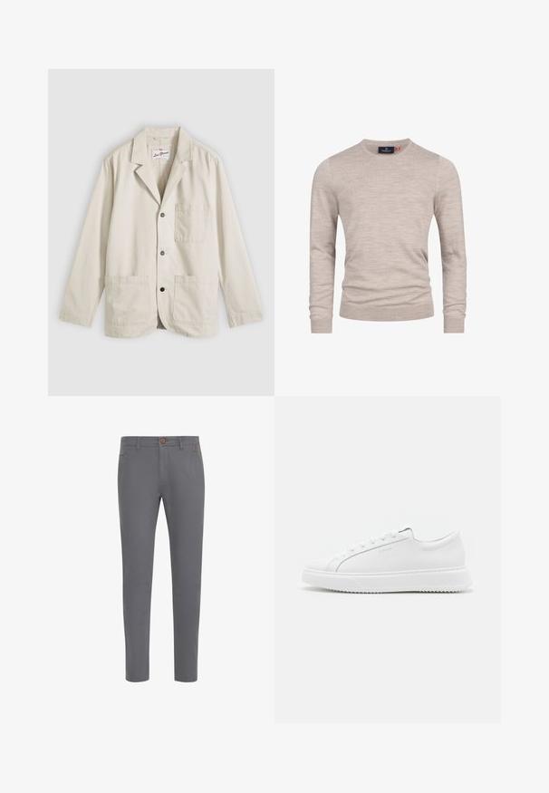 Blazer beige casual con tres botones delanteros, un bolsillo en el pecho, dos bolsillos inferiores de parche y un cuello con muesca, extendido sobre un fondo gris.; Suéter de punto beige con mangas largas, escote redondo, puños y dobladillo de canalé, hecho de una tela suave y ligera.; Pantalones de algodón grises con un diseño ajustado, que cuentan con un cierre de botón, bolsillos estándar y una textura suave.; Zapatillas blancas hechas de material sintético suave. Presentan un diseño de caña baja, suela blanca elevada, punta redondeada y cordones en la parte frontal con cinco ojetes.