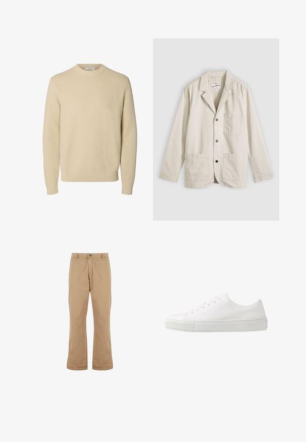 Blazer beige casual con tres botones delanteros, un bolsillo en el pecho, dos bolsillos inferiores de parche y un cuello con muesca, extendido sobre un fondo gris.; Jersey de punto beige liso con cuello redondo, mangas largas y puños y bajo acanalados.; Pantalones de algodón beige con un corte recto, que cuentan con un cierre de botón, bolsillos frontales y una textura suave.; Zapatilla blanca de cuero con un acabado suave, puntera redonda y seis ojales para los cordones. Cuenta con una suela de goma texturizada y un diseño minimalista.