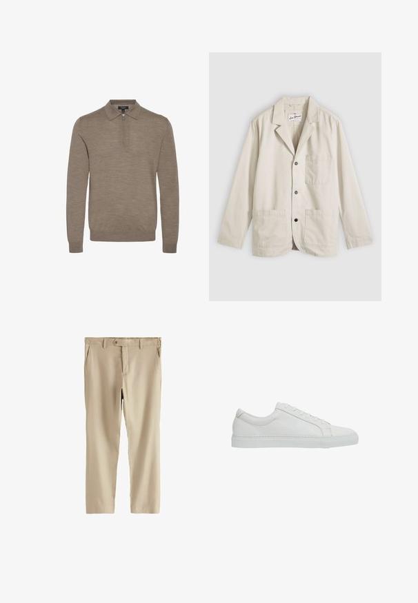 Beige casual blazer met drie knopen aan de voorkant, een borstzak, twee lagere opgestikte zakken en een reverskraag, plat neergelegd op een grijze achtergrond.; Lichtbruine pullover met een ritskraag, lange mouwen en een zachte textuur, gemaakt van fijn gebreid materiaal.; Beige rechtvallende broek met riemlussen, zijzakken en een met knopen gesloten tailleband.; Reiss REGULAR FIT - LUCA TUMBLED - Sneakers laag - white