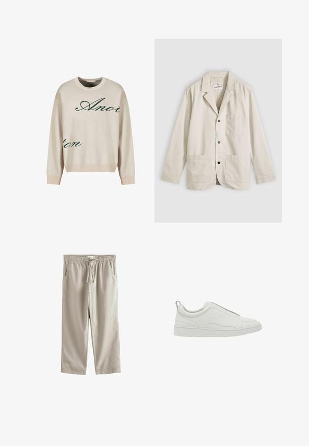 Beige afslappet blazer med tre knapper foran, en brystlomme, to nederste påsyede lommer og en hakkrave, lagt fladt på en grå baggrund.; Beige strikket sweater med grønne kursiverede bogstaver. Ribbet halsudskæring og manchetter, afslappet pasform, med blød tekstur.; Beige fritidbukser med elastik i taljen, snøre, sidelommer, lige ben og knaplukning foran.; Hvid lavtop sneaker med slip-on design, polstret krave og trækstrop ved hælen, med en tyk gummisål og glat læderoverdel.