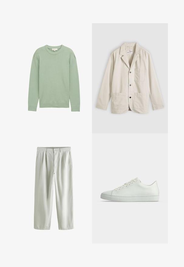 Beige afslappet blazer med tre knapper foran, en brystlomme, to nederste påsyede lommer og en hakkrave, lagt fladt på en grå baggrund.; Lys grøn, langærmet sweater med rund halsudskæring og ribbede manchetter og kant, præsenteret på en ensfarvet baggrund.; Lysegrå bukser med lige ben, elastisk talje, knaplukning og sidelommer, lagt fladt på hvid baggrund.; Hvid lavtop sneakers med snørebånd, glat læderoverdel og flad gummisål vist fra siden på en ensfarvet baggrund.