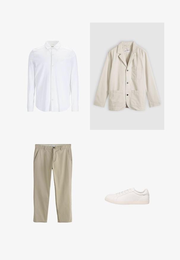 Blazer beige casual con tres botones delanteros, un bolsillo en el pecho, dos bolsillos inferiores de parche y un cuello con muesca, extendido sobre un fondo gris.; Camisa blanca de manga larga y botón, hecha de tejido suave, con un cuello clásico, placket frontal y un sutil acento de logo en el pecho.; Pantalones beige de pierna recta con bolsillos laterales, trabillas para cinturón y cierre de botón en la cintura.; Zapatilla blanca de corte bajo con cierre de cordones y suela plana, mostrada en perfil lateral sobre un fondo blanco.