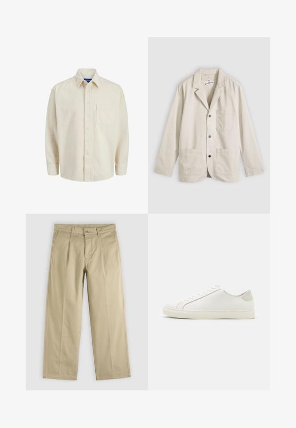 Beige afslappet blazer med tre knapper foran, en brystlomme, to nederste påsyede lommer og en hakkrave, lagt fladt på en grå baggrund.; Beige corduroy skjorte med knaplukning foran, krave, lange ærmer og en enkelt brystlomme. Har smalle lodrette striber.; Beige bukser med lige ben, forreste læg, bæltestropper, sidelommer og knaplukning i taljen.; Hvide lædersneakers med en glat overflade, rund tå og minimalistisk design. Funktioner i beige nuancer på hælen og en gummisål.