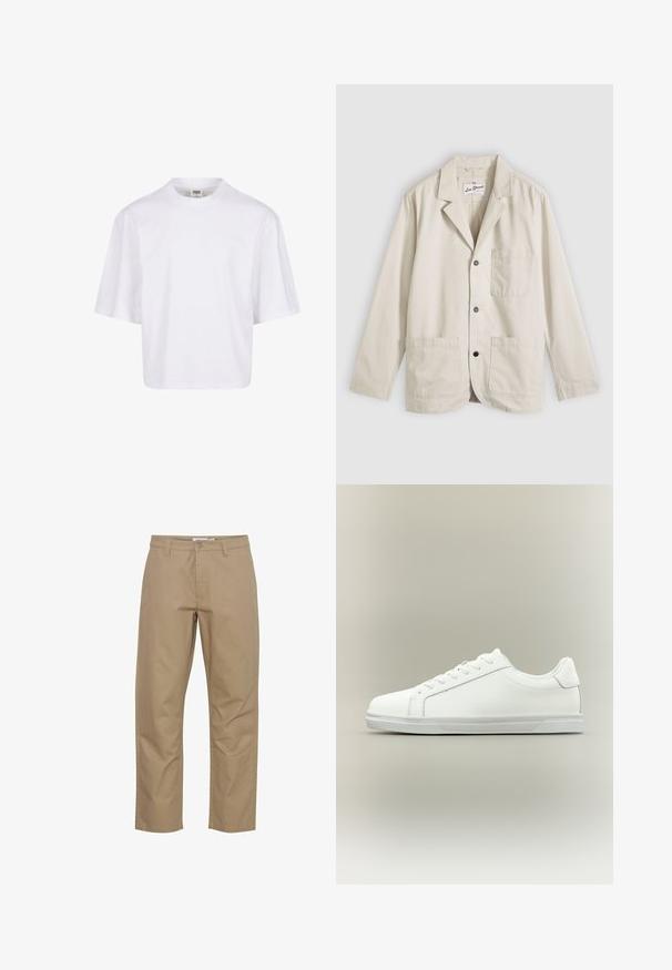 Beige afslappet blazer med tre knapper foran, en brystlomme, to nederste påsyede lommer og en hakkrave, lagt fladt på en grå baggrund.; Hvid t-shirt med korte ærmer, der har en rund halsudskæring og en afslappet pasform, lavet af et glat bomuldsblandingsstof. Ingen mønstre eller udsmykninger.; Beige bomuldsbukser med lige ben-design, der har en frontknap og lynlås lukning, sidelommer og et rent finish.; Lavtop hvid sneaker med snørelukning foran og tekstureret gummisål mod en ensartet neutral baggrund.