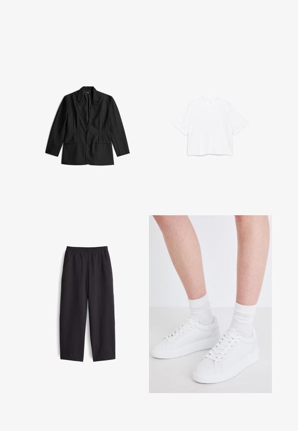 Zwarte op maat gemaakte blazer met notch-revers, twee knopen en voorzakken met paspel, plat weergegeven op een witte achtergrond.; Witte T-shirt met korte mouwen, een ronde hals en een boxy, losse pasvorm, weergegeven op een effen witte achtergrond.; Zwarte, wijde broek gemaakt van een gladde stof. Voorzien van een elastische tailleband en twee zakken aan de zijkant, met zichtbare stikdetails.; Copenhagen Studios CPH72 - Sneakers laag - white