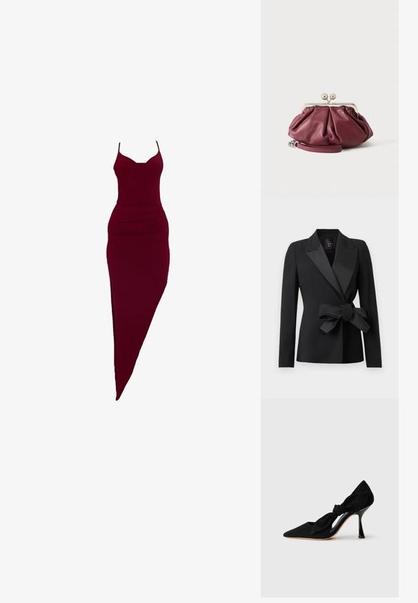 Blazer negro a medida con solapas anchas de satén y un gran lazo atado en la cintura, mangas largas y una silueta ajustada.; Vestido burdeos ajustado con tirantes finos, que presenta una abertura lateral y detalles fruncidos en la cintura, fabricado en tejido elástico.; Zapato de tacón alto de ante negro con punta afilada y un detalle de nudo en el lateral. Presenta un tacón stiletto brillante y un diseño con corte.; Pequeño bolso de mano de cuero burdeos con cierre metálico plateado y correa de muñeca sobre fondo blanco.