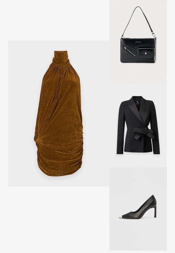 Blazer noir sur mesure avec larges revers en satin et un grand nœud noué à la taille, manches longues et silhouette ajustée.; Robe sans manches en velours marron avec un col montant froncé et des détails de drapé plissé sur le corsage et la jupe.; Chaussure à talon haut en cuir noir avec bout pointu et capuchon argenté métallique. Présente une finition lisse et un talon fin de 10 cm.; Sac à bandoulière en cuir noir Michael Kors avec fermeture éclair supérieure, poche avant zippée en diagonale, poche à rabat avec bouton-pression et détail en chaîne argentée.