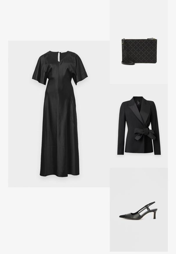 Sort skræddersyet blazer med brede satinrevers og en stor sløjfe bundet i taljen, lange ærmer og en figursyet silhuet.; Sort satin kjole med afslappet silhuet, korte flagrende ærmer og åbning i ryggen med nøglehul; har en glat, blank tekstur.; Sort læder slingback-sko med spids tå, der har en blank accent på tåhætten og en mellemhøj hæl. Åben sidesektion.; Sort læder clutch med et struktureret diamantmønster, guldfarvet lynlås og aftagelig rem. Glat overflade og rektangulær form.