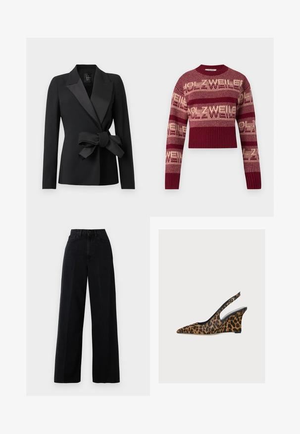 Schwarzer, maßgeschneiderter Blazer mit breiten Satinrevers und einer großen Schleife, die in der Taille gebunden ist, langen Ärmeln und einer taillierten Silhouette.; Häkelstrickpullover in Burgunderrot mit cremefarbenem Text, mit einem gerippten Saum und Bündchen, im kurz geschnittenen Design und mit langen Ärmeln.; Schwarze, weit geschnittene Jeans aus Denim, mit hoher Taille, Fronttaschen und einer Knopfschließe. Der Stoff hat eine glatte Textur.; Leopardenmuster-Keilabsatz-Slingback mit spitzer Kappe, schwarzem Innenfutter und verstellbarem Knöchelriemen, abgebildet vor weißem Hintergrund.